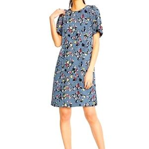 Ann Taylor Blue Floral Mini Dress Size 4 Short Sleeve Shift 100% Polyester NWOT